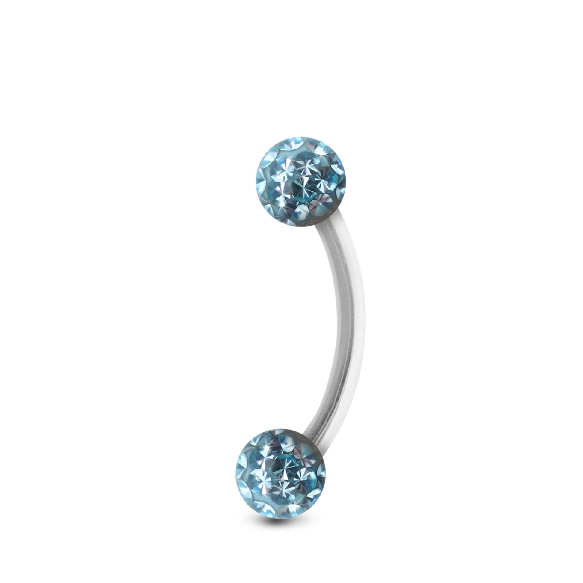 Piercing barre courbe en or blanc, orné de boules vissables en avec cristaux bleus