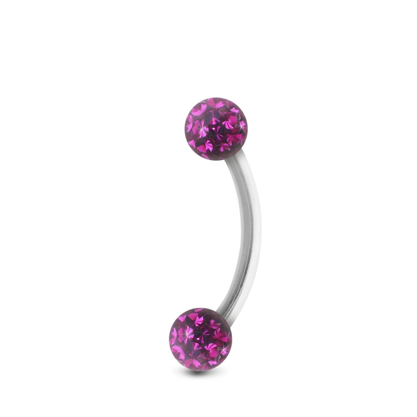 Piercing barre courbe en or blanc, orné de boules vissables en avec cristaux roses foncés