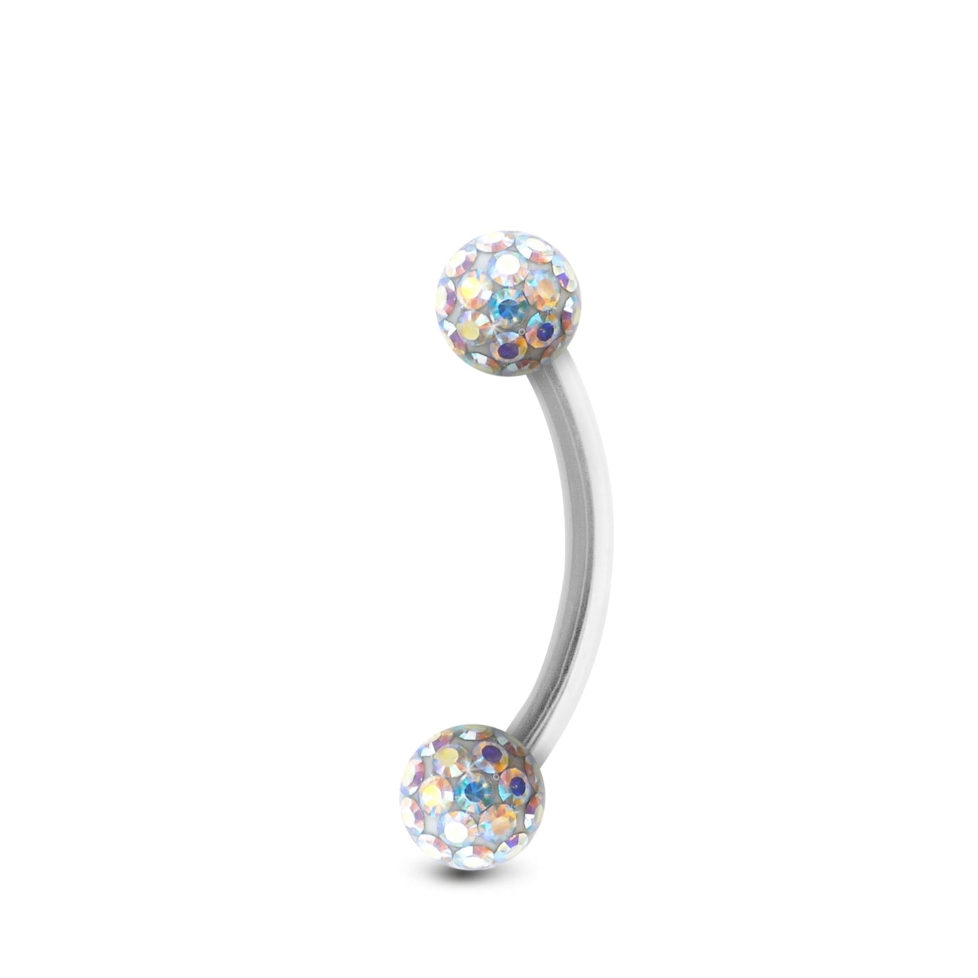 Piercing barre courbe en or blanc, orné de boules vissables en avec cristaux irisés