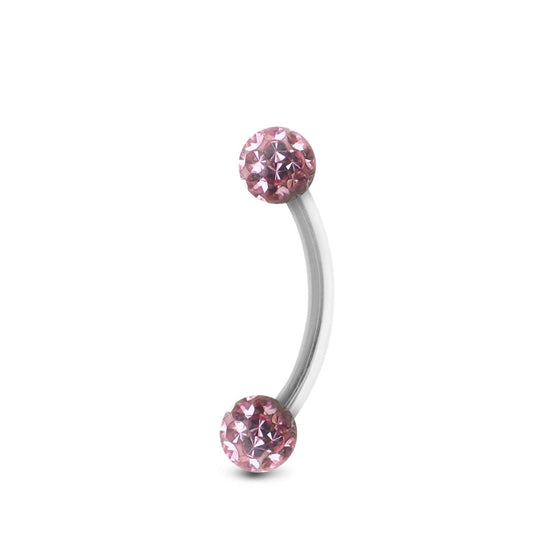 Piercing barre courbe en or blanc, orné de boules vissables en avec cristaux roses