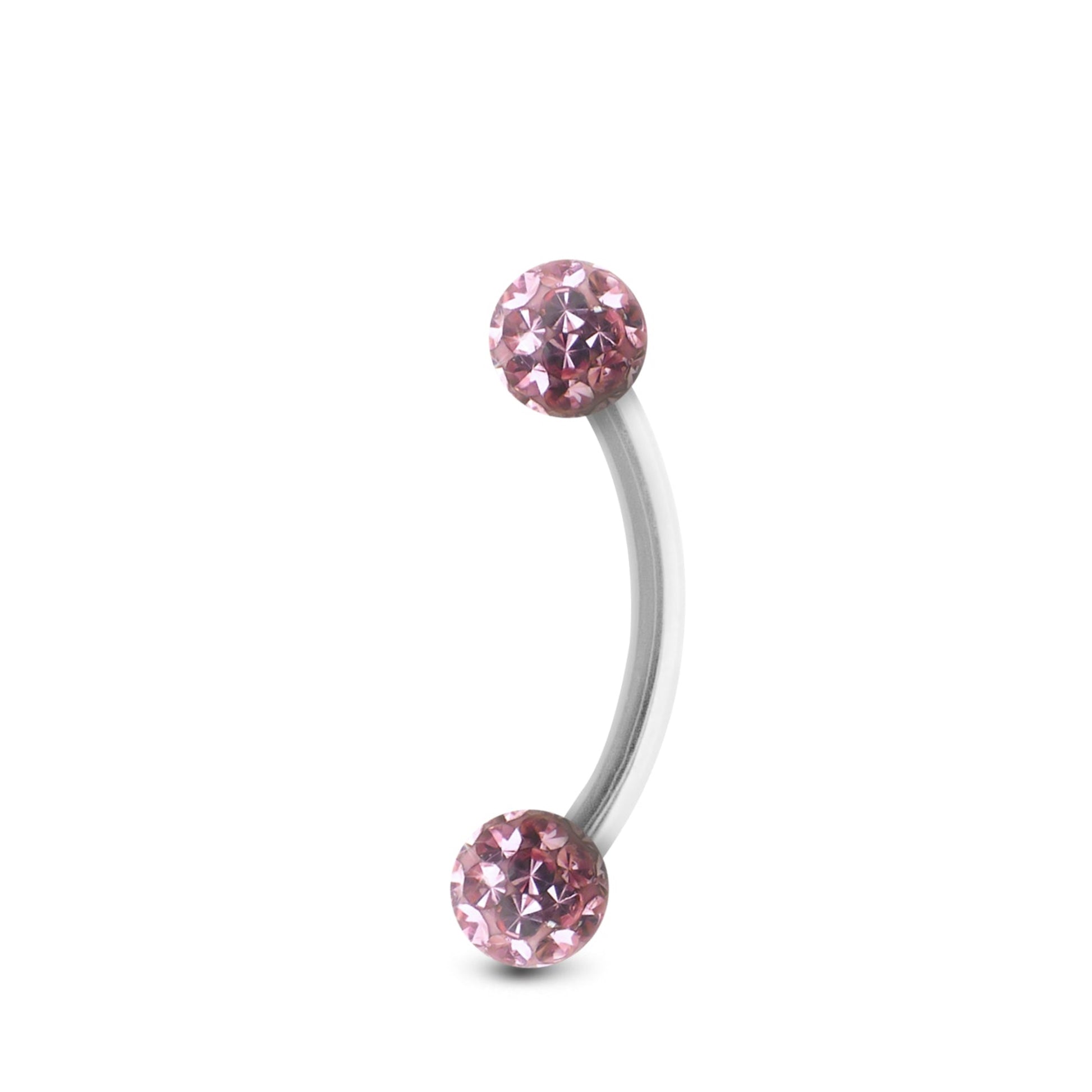 Piercing barre courbe en or blanc, orné de boules vissables en avec cristaux roses