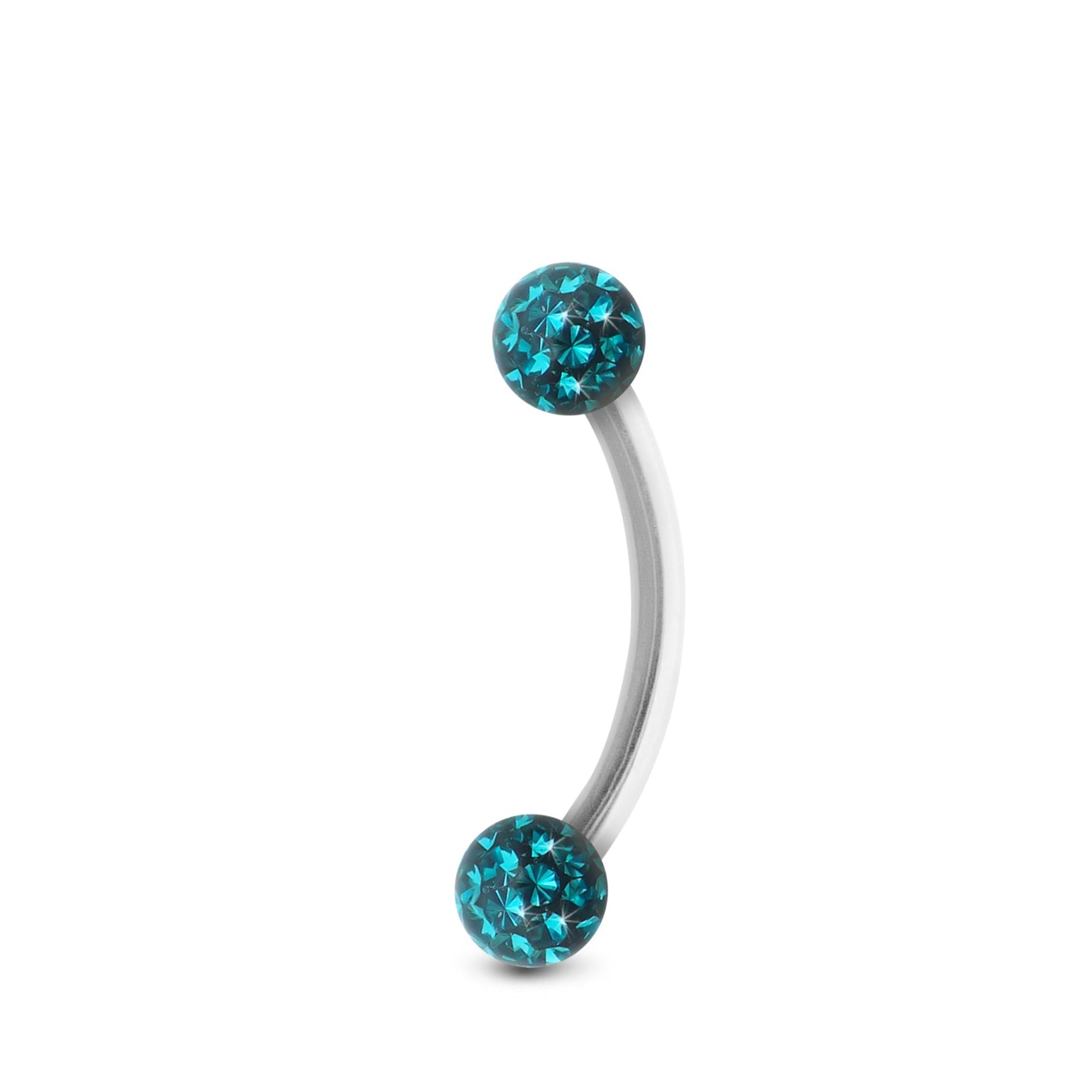 Piercing barre courbe en or blanc, orné de boules vissables en avec cristaux turquoises