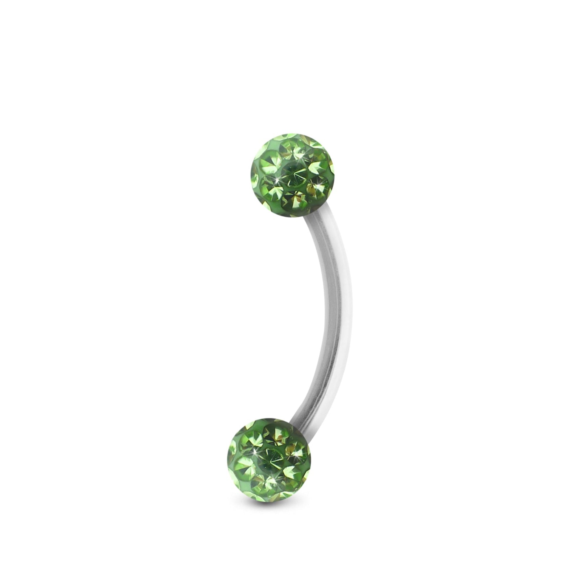 Piercing barre courbe en or blanc, orné de boules vissables en avec cristaux verts