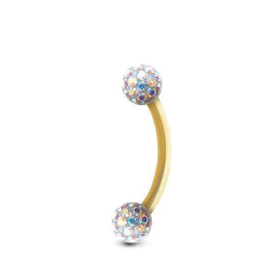 Piercing barre courbe en or jaune, orné de boules vissables en avec cristaux irisés