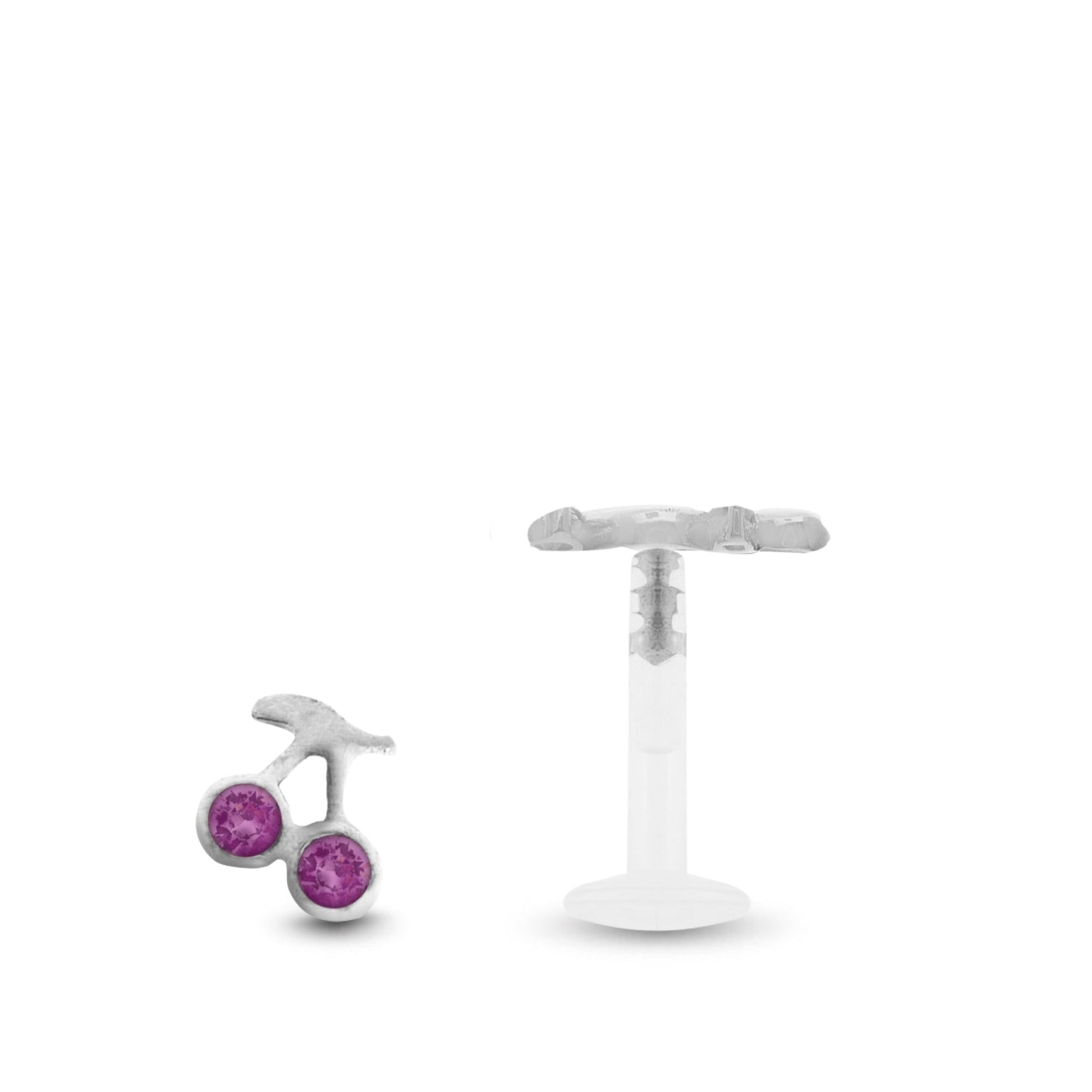 Piercing cerises en or blanc, motif à clipper dans une barre en Bioplast (deux barres vendues avec le bijou)