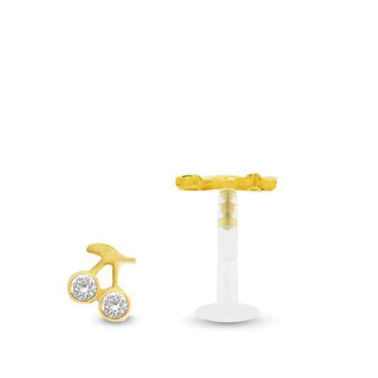 Piercing cerises en or jaune, motif à clipper dans une barre en Bioplast (deux barres vendues avec le bijou)