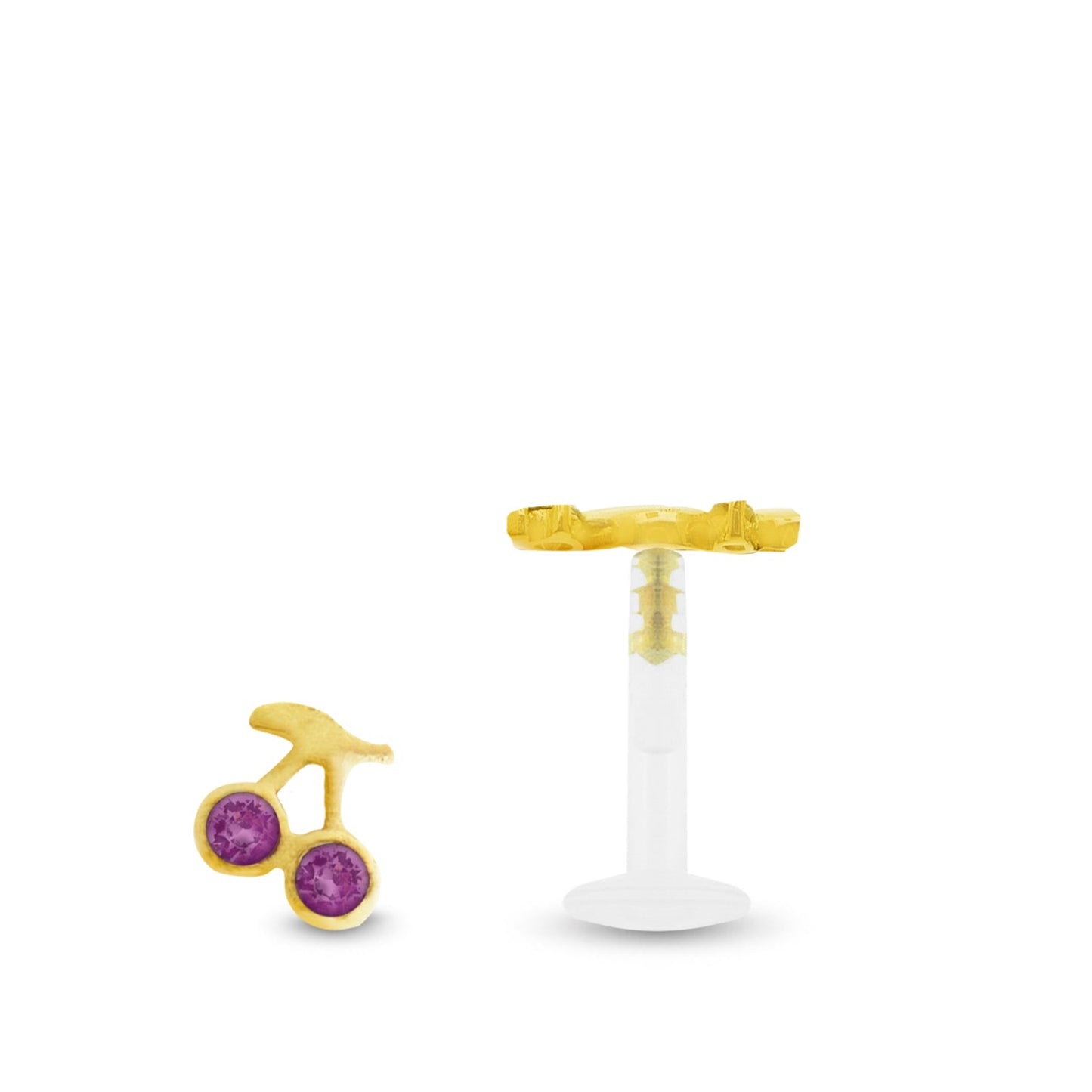 Piercing cerises en or jaune, motif à clipper dans une barre en Bioplast (deux barres vendues avec le bijou)