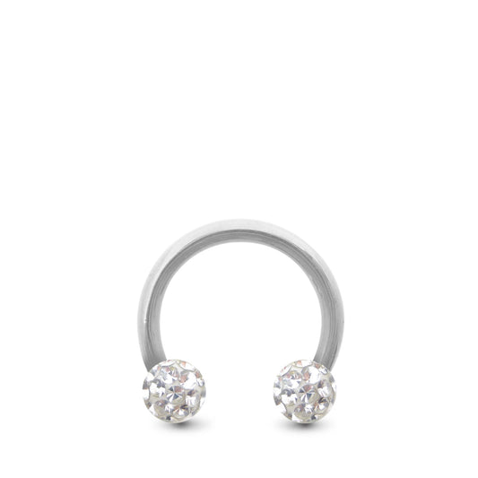 Piercing fer à cheval en or blanc avec deux boules en cristal à visser (blanc)