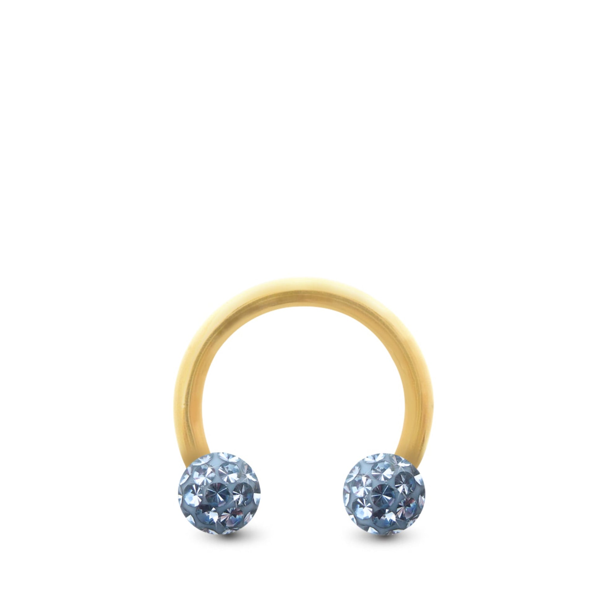 Piercing fer à cheval en or jaune avec deux boules en cristal à visser (bleu ciel)