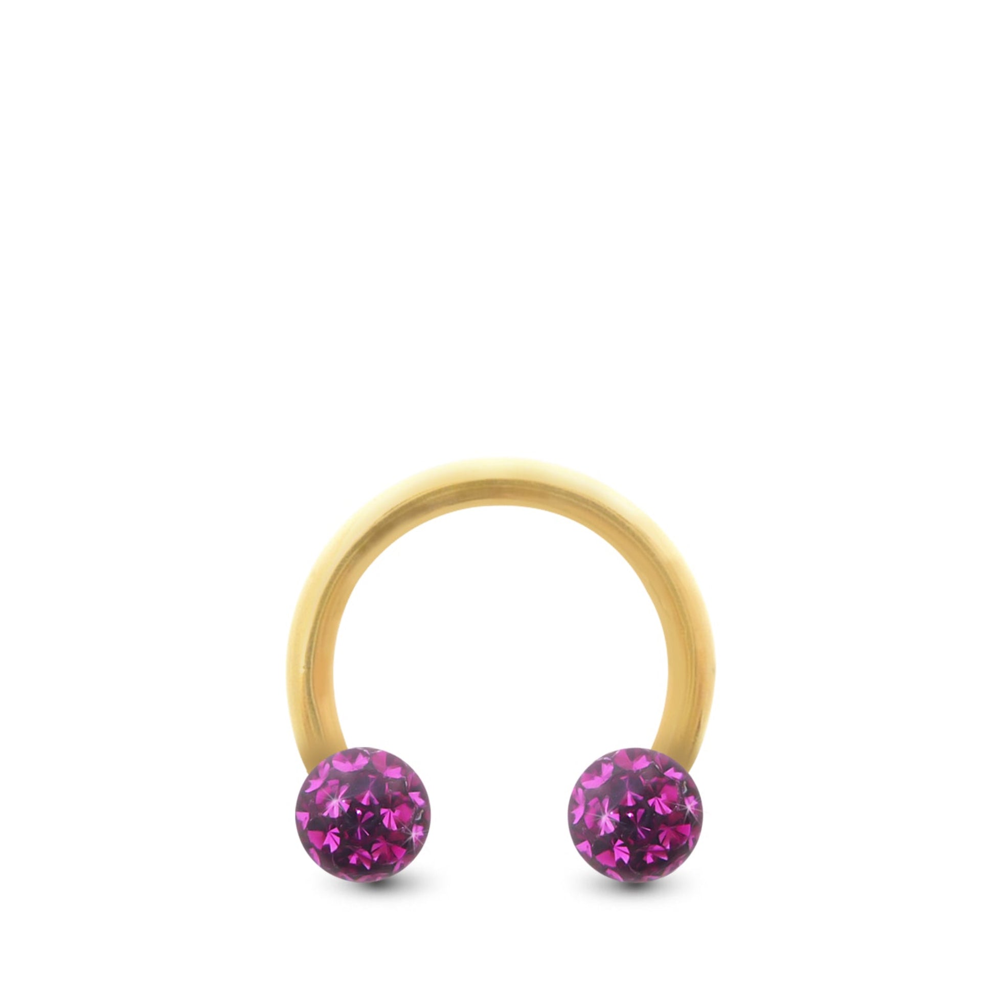 Piercing fer à cheval en or jaune avec deux boules en cristal à visser (fuchsia)