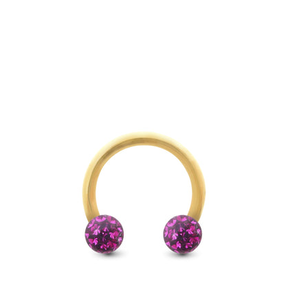 Piercing fer à cheval en or jaune avec deux boules en cristal à visser (fuchsia)