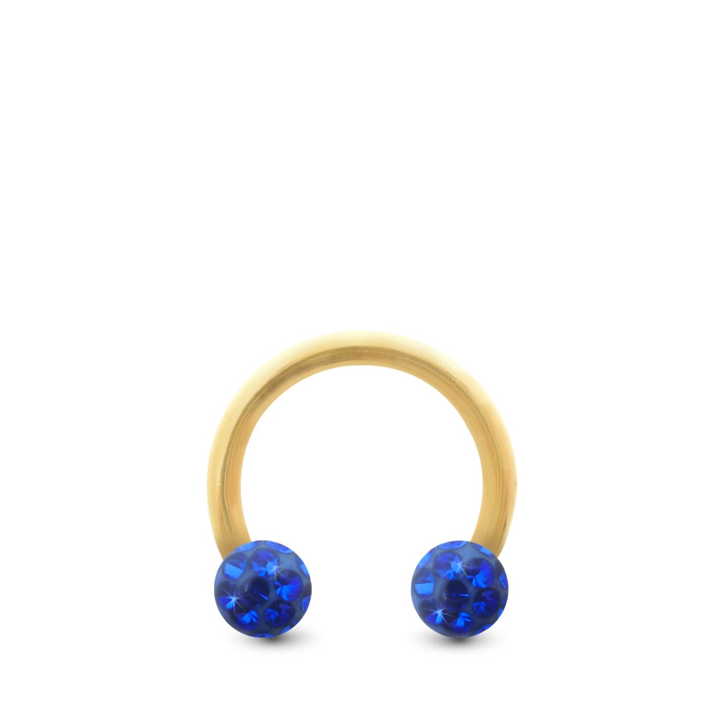 Piercing fer à cheval en or jaune avec deux boules en cristal à visser (bleu foncé)