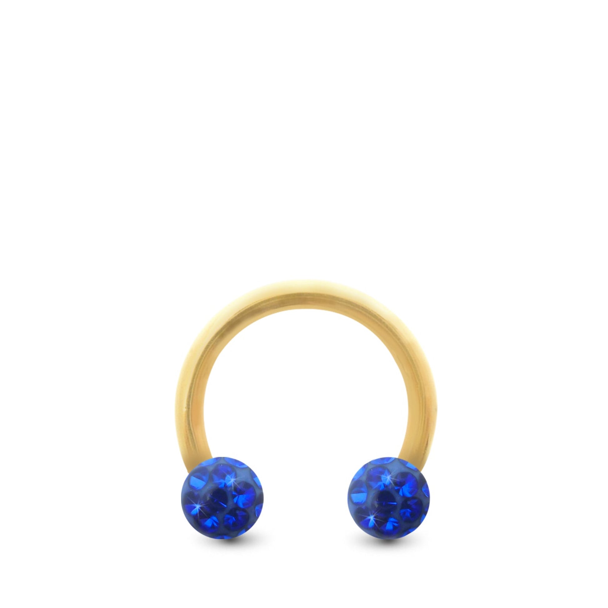Piercing fer à cheval en or jaune avec deux boules en cristal à visser (bleu foncé)
