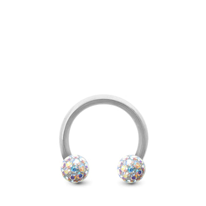 Piercing fer à cheval en or blanc avec deux boules en cristal à visser (irisé)