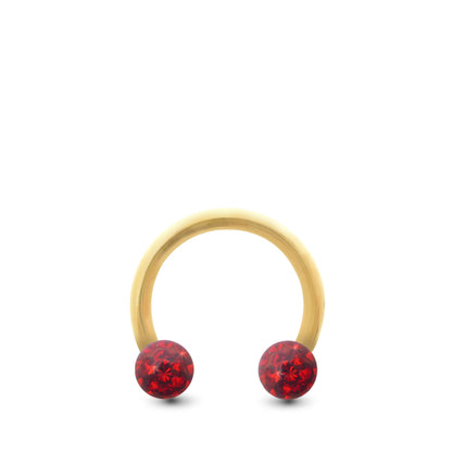 Piercing fer à cheval en or jaune avec deux boules en cristal à visser rouge)