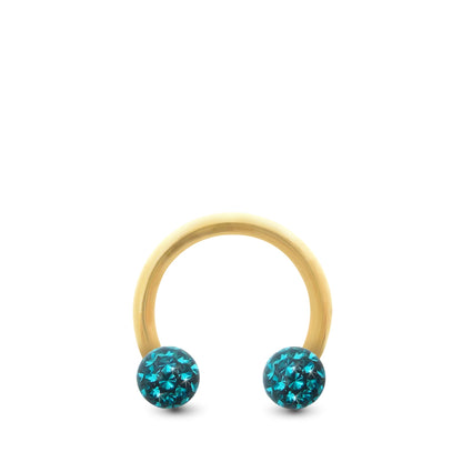 Piercing fer à cheval en or jaune avec deux boules en cristal à visser (bleu turquoise)