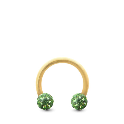 Piercing fer à cheval en or jaune avec deux boules en cristal à visser (vert)