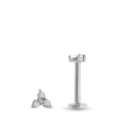 Piercing helix en or blanc avec motif trinity zircons blancs vissage interne
