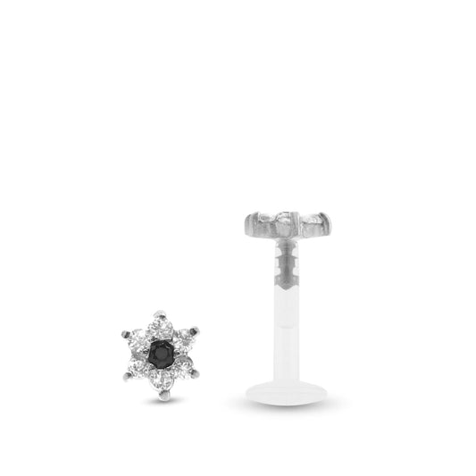 Piercing labret fleur en or blanc 18 carats avec zircons blancs et cœur noir