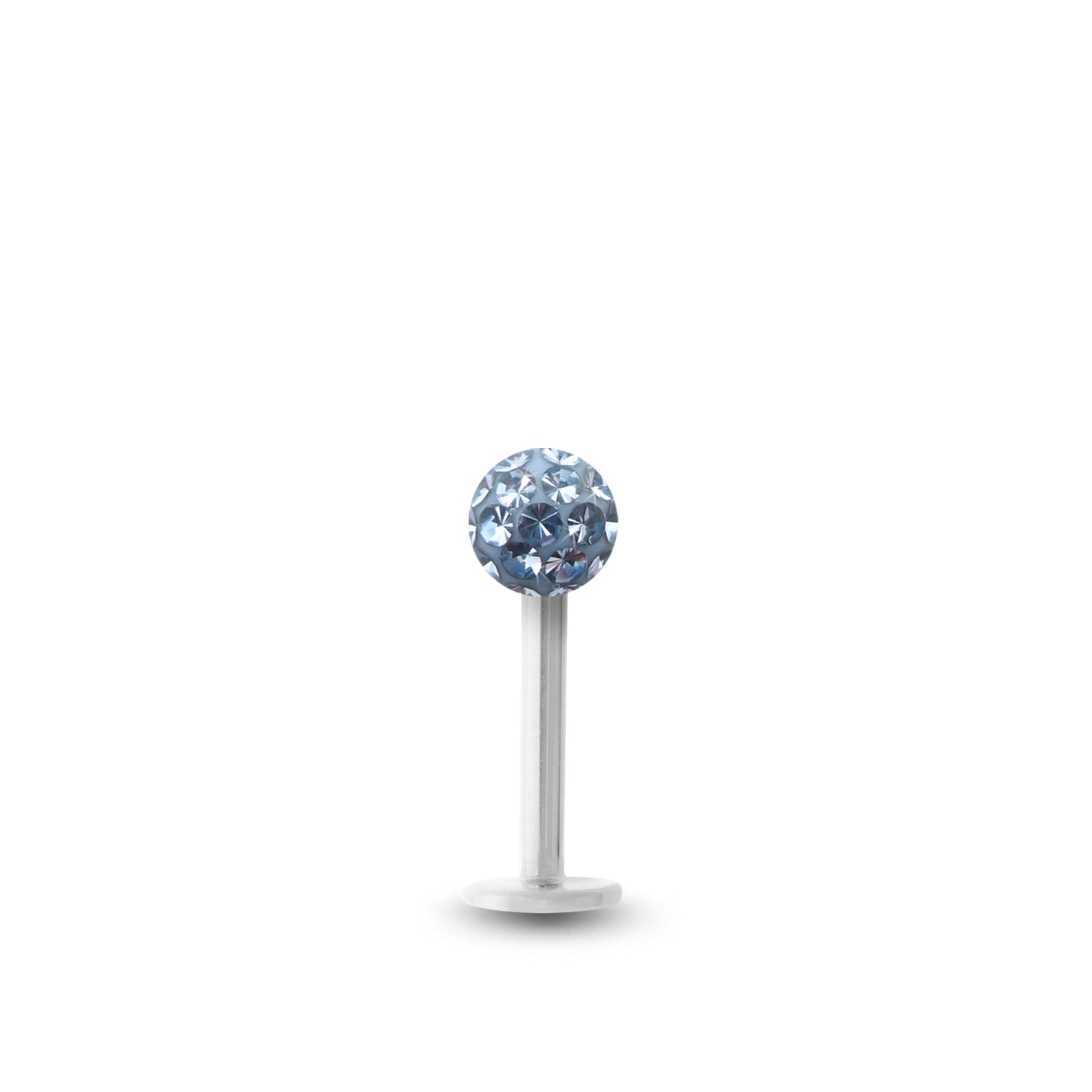 Piercing avec labret en or blanc et boule vissable en cristal de Swarovski bleu ciel