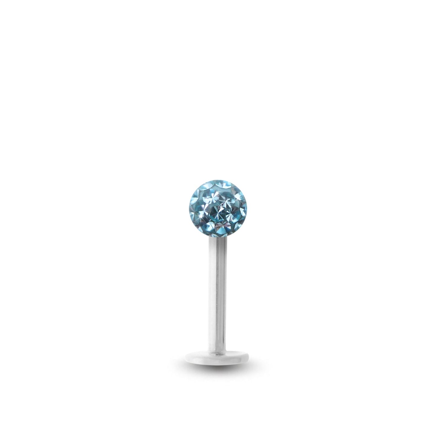 Piercing avec labret en or blanc et boule vissable en cristal de Swarovski bleu clair