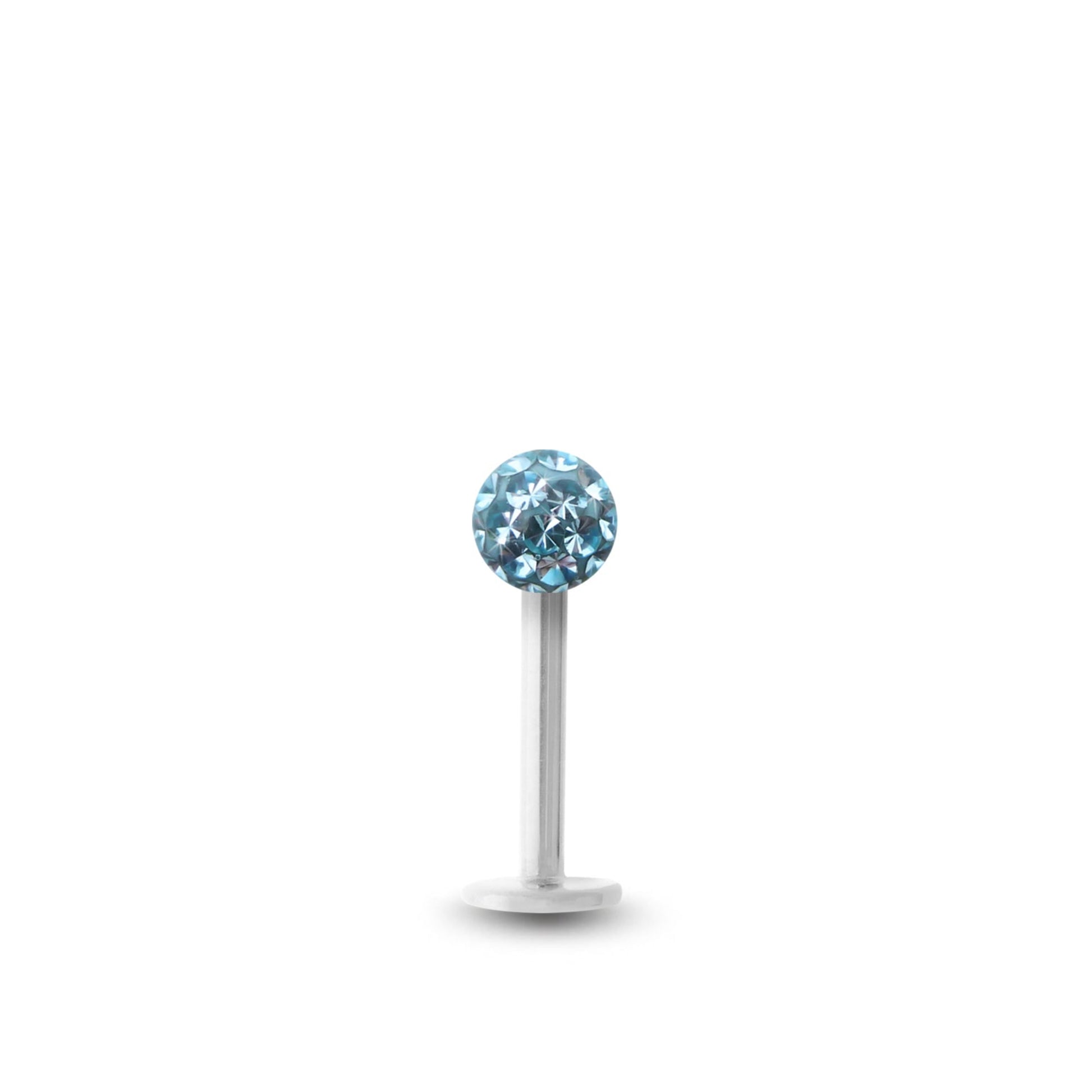 Piercing avec labret en or blanc et boule vissable en cristal de Swarovski bleu clair