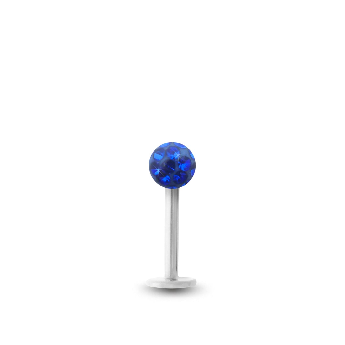 Piercing avec labret en or blanc et boule vissable en cristal de Swarovski bleu foncé