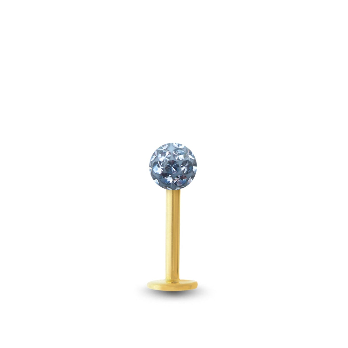 Piercing avec labret en or jaune et boule vissable en cristal premium bleu foncé.
