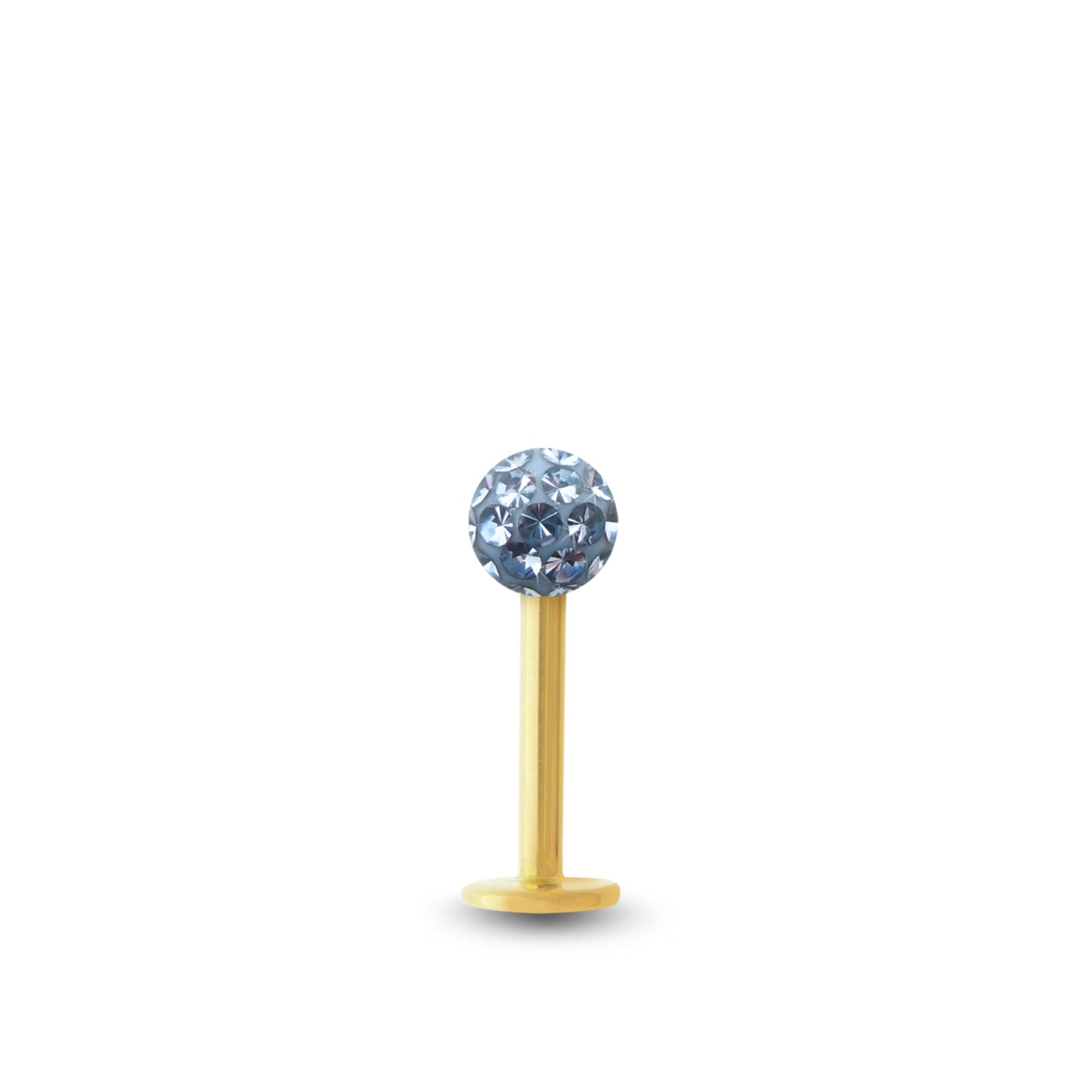 Piercing avec labret en or jaune et boule vissable en cristal premium bleu foncé.