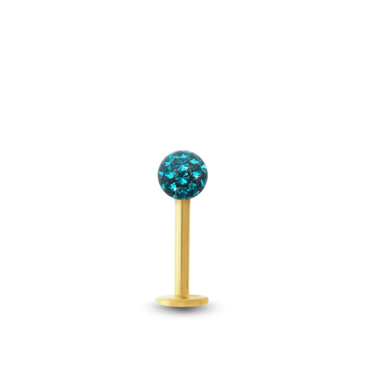Piercing avec labret en or jaune et boule vissable en Cristal premium turquoise