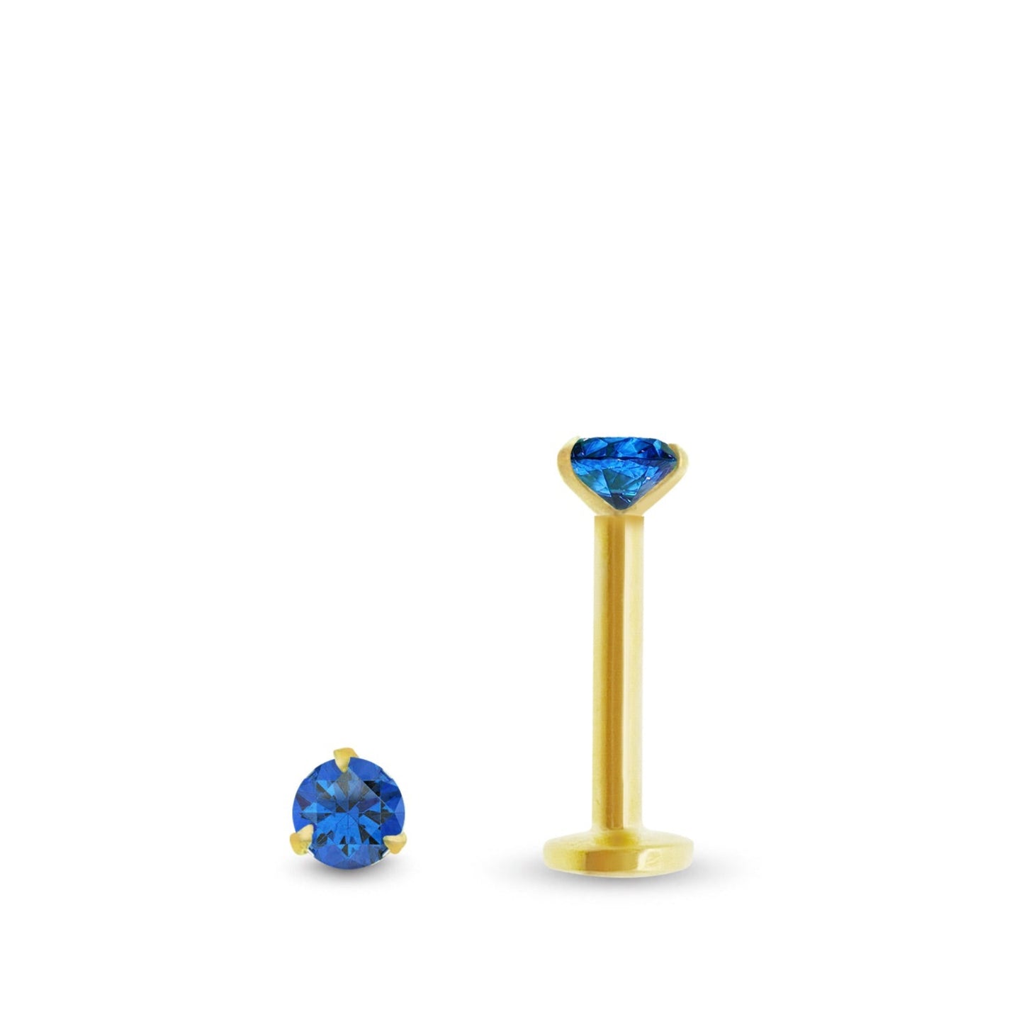 Piercing bouche en or jaune, avec saphir véritable, modèle vissable élégant et sécurisé.