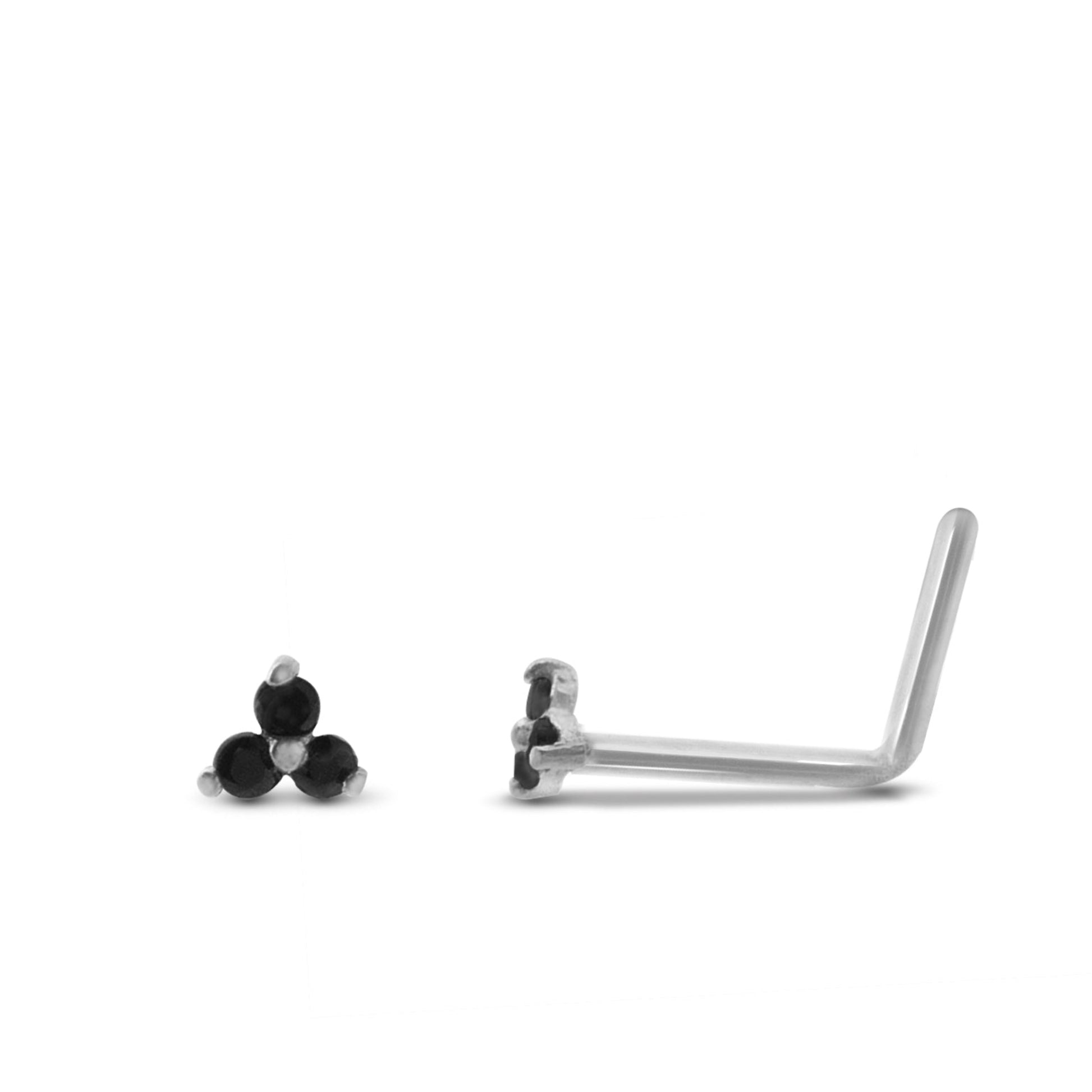 Piercing de nez en or blanc 18 carats serti de trois zircons noirs barre pliée