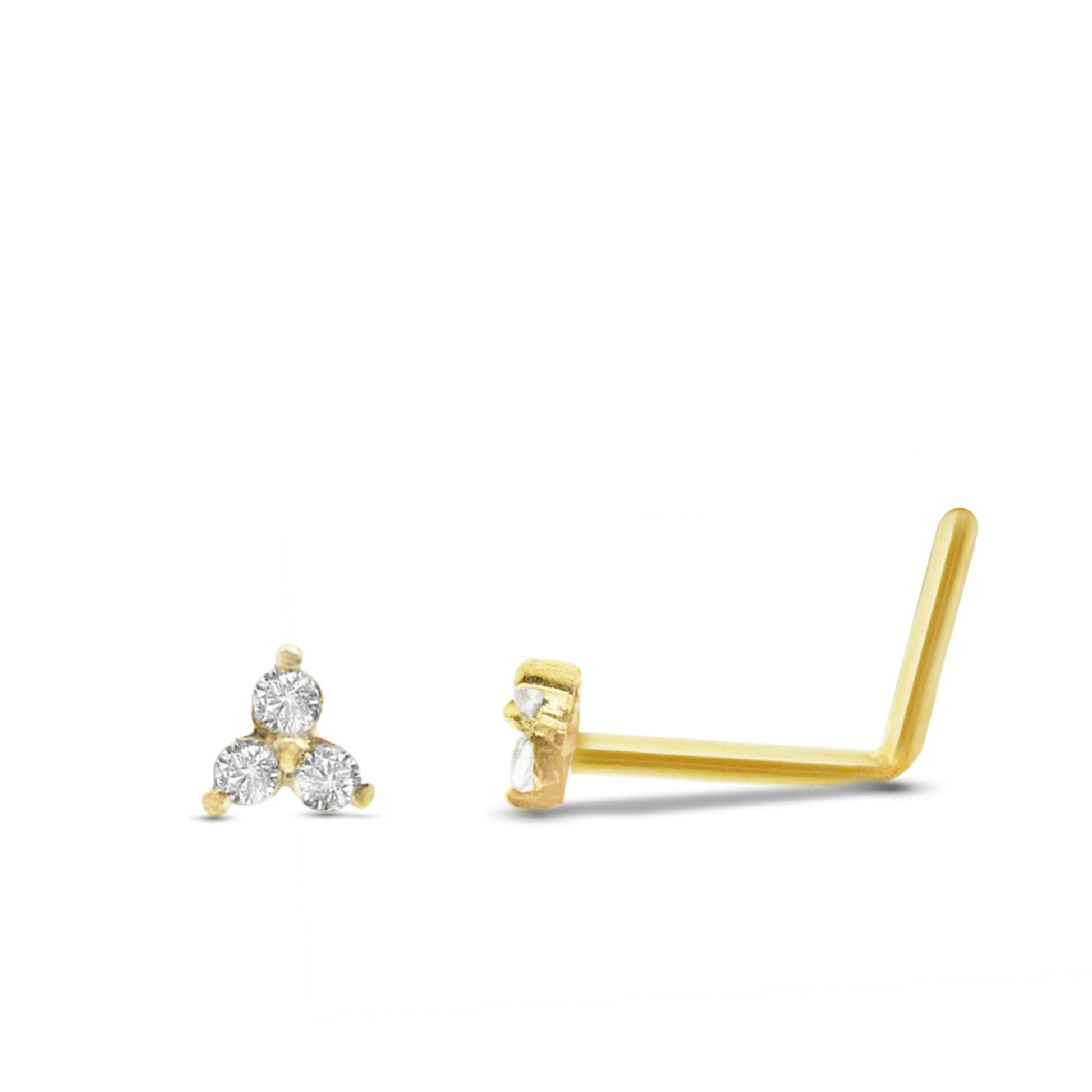 Piercing nez or jaune 18 carats trois zircons barre pliée