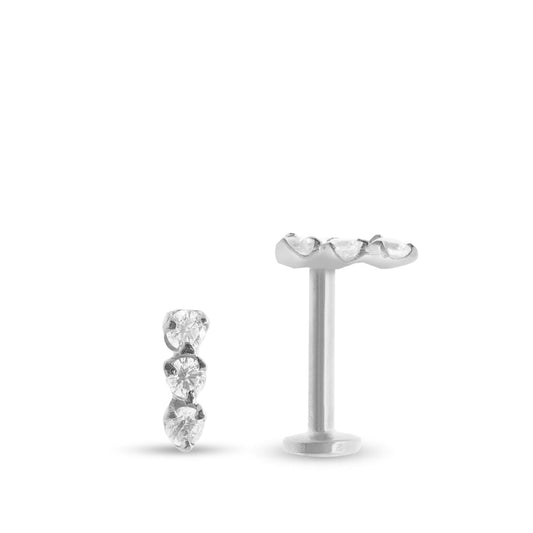 Piercing pour le tragus en or blanc avec barrette de trois zircons blancs étincelants à visser