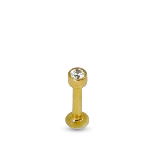 Piercing en or jaune avec strass blanc serti et barre labret