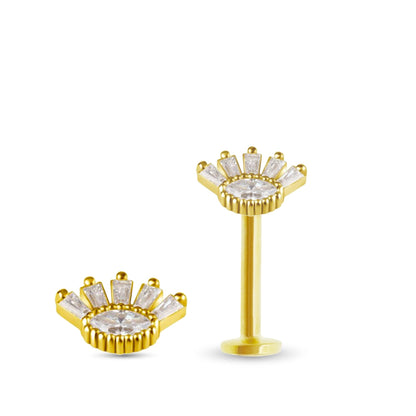 Piercing en or jaune massif avec barre labret et motif avec zircons blancs vissable