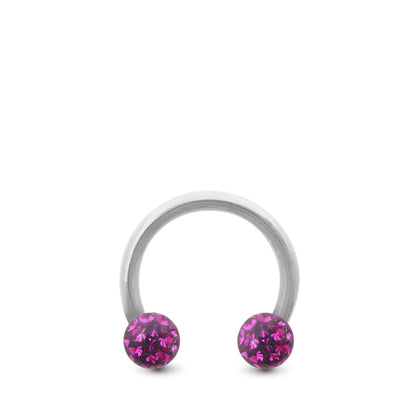 Piercing fer à cheval en or blanc avec deux boules en cristal à visser (fuchsia)