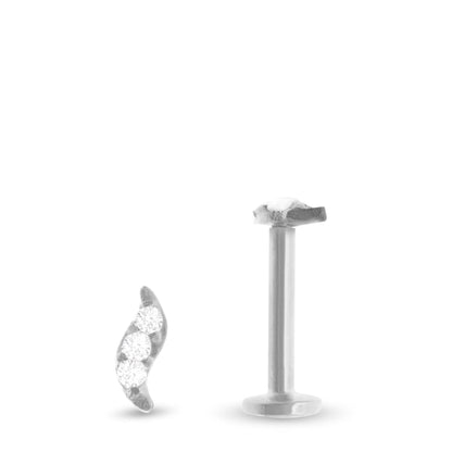 Piercing tragus feuille en or blanc 18 carats avec 3 zircons – vissable