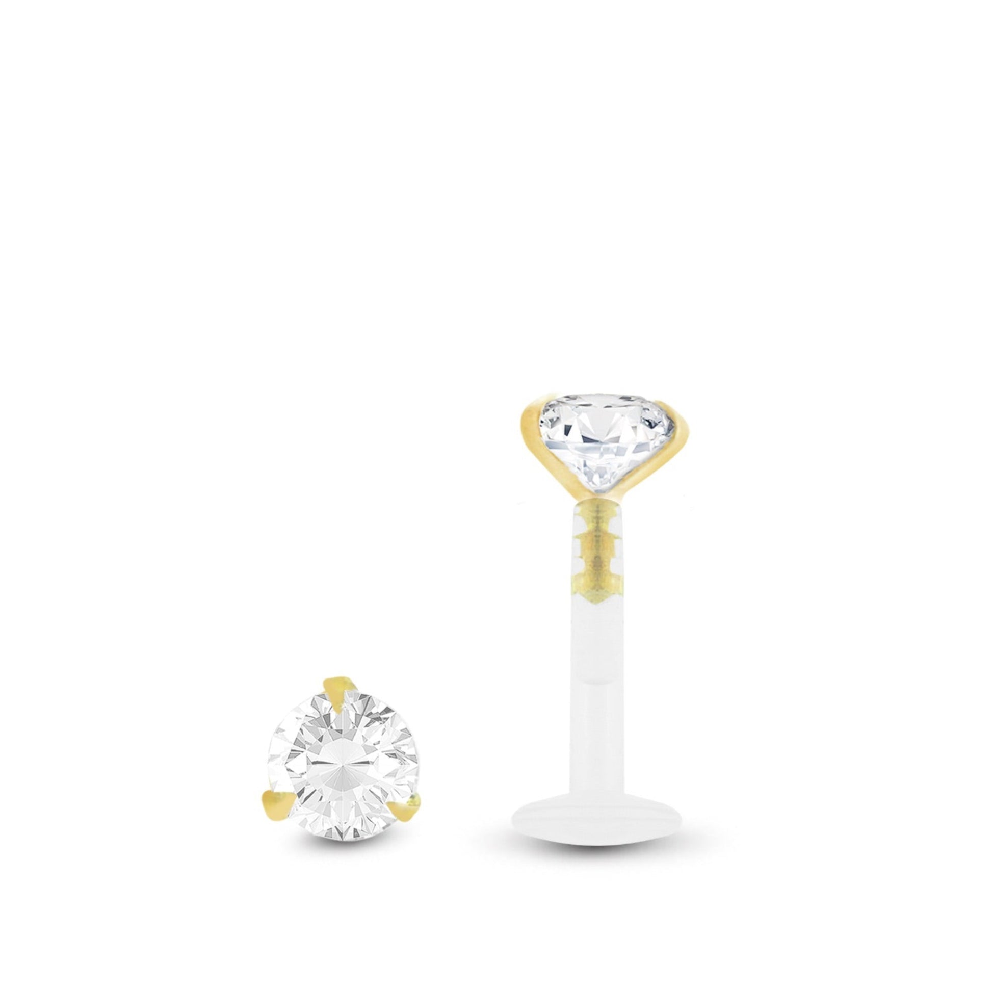 Piercing tragus diamant véritable sur base or jaune et barre clipsable en Bioplast pour une pose facile.