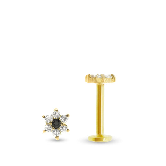 Piercing de tragus avec fleur en or jaune et zircons blancs (motif vissable)