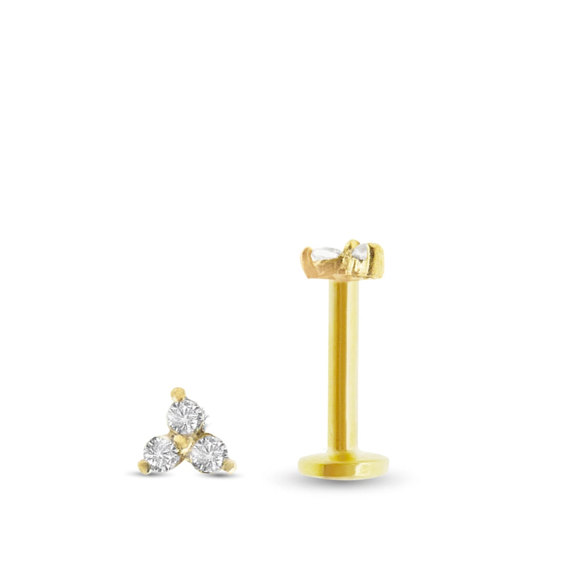 Piercing tragus en or jaune avec motif trinity zircons blancs vissage interne