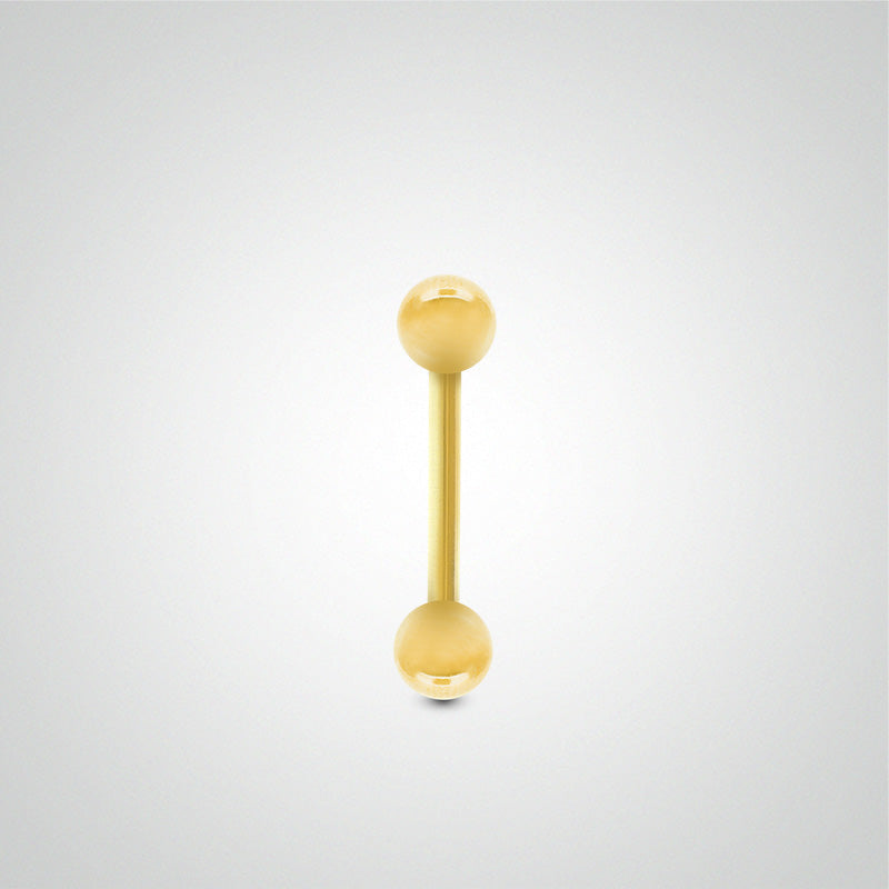 Piercing de téton barre droite en or jaune avec boules vissage 1,6mm