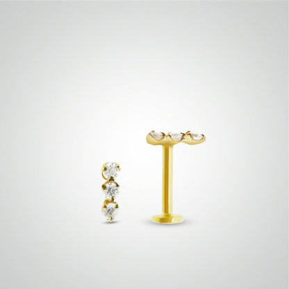 Piercing conch or jaune avec barrette de trois diamants blancs (vissable)