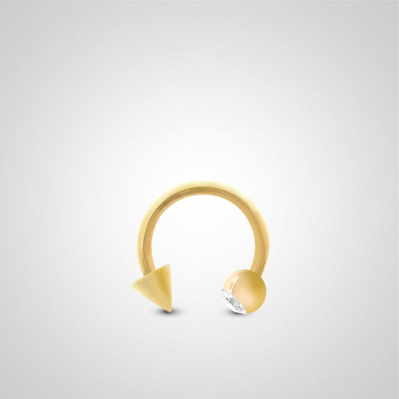 Piercing helix en or jaune : fer à cheval avec boule zircon blanc et pic (1,2mm)