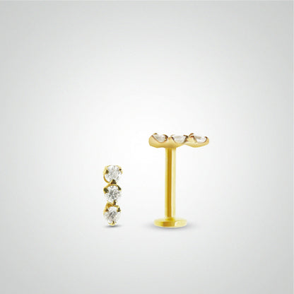 Piercing hélix or jaune avec barrette de trois diamants blancs (vissable)