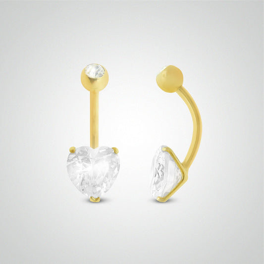 Piercing de nombril en or jaune avec oxyde de zirconium coeur 6mm