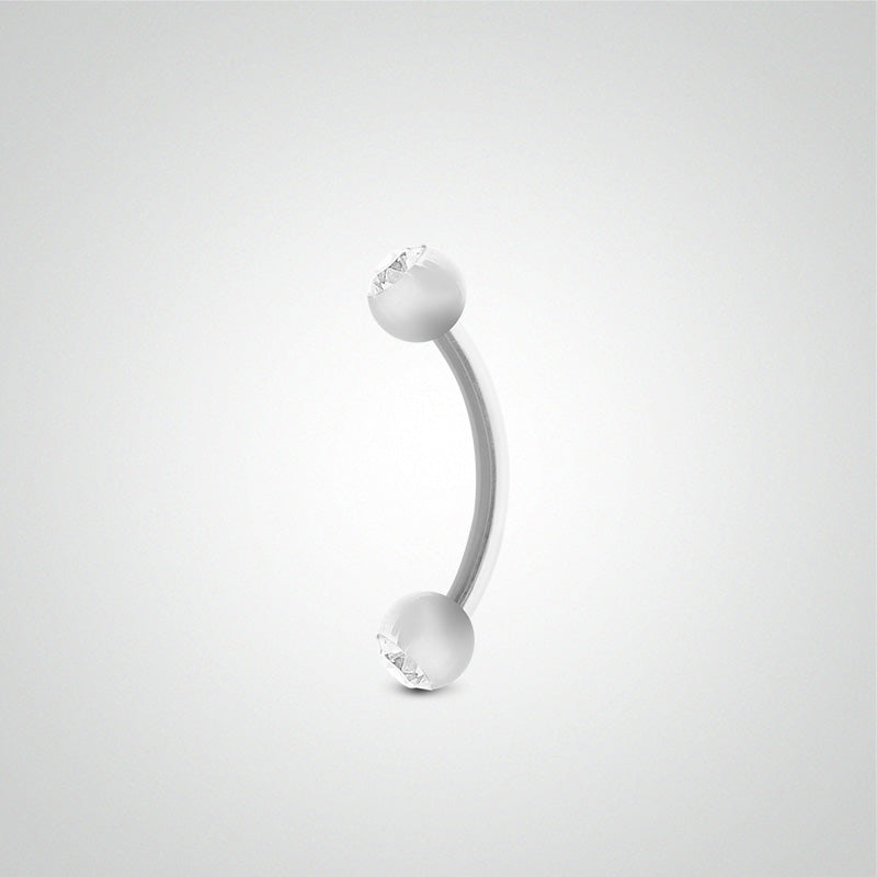 Piercing de sexe barre courbe en or blanc avec boules et zircons blancs (1,2mm)