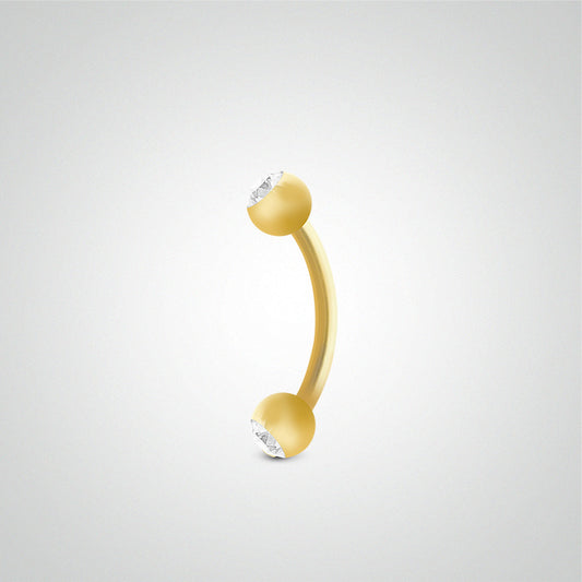 Piercing de sexe barre courbe en or jaune avec boules et zircons blancs (1,6mm)