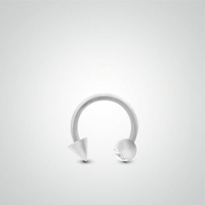 Piercing de sexe en or blanc : fer à cheval avec boule zircon blanc et pic (1,2mm)