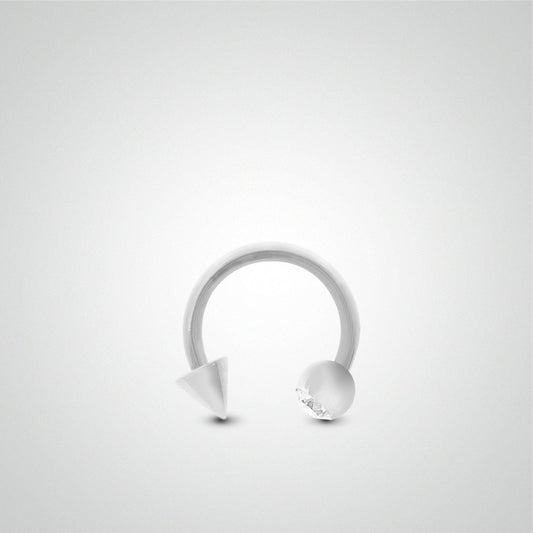 Piercing de sexe en or blanc : fer à cheval avec boule zircon blanc et pic (1,2mm)
